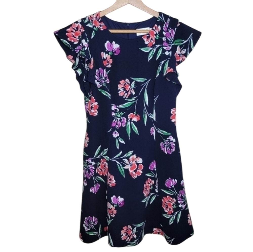 NWT Eliza J Dark Navy Floral Dress with Flutter Sleeves Size 8
